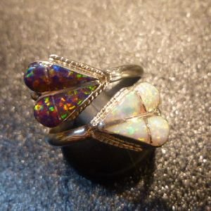 画像1: ズニ　インレイ　ホワイト&ショッキングピンクオパール　ダブルハートモチーフフリーリング15号〜