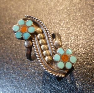 画像1: ズニ　80〜90S　Usedポーン　インレイ　ダブルフラワー　リング10・5号