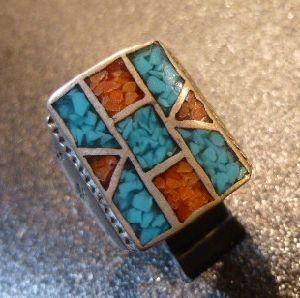 画像1: ズニ　70〜80S　Usedポーン　インレイ×スタンプワーク　リング22号