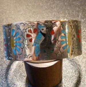 画像1: ズニ　S&E・Guardian　インレイ　ブルージェイ&フラワーetc　バングル約15・5〜16cm用